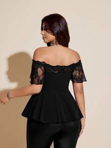 Viva Relle Plus Size Sexy Lace Patchwork Off Shoulder Black Slim Fit Blouse - Black - View 6