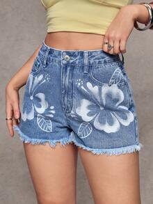 Jeanoix Fashionable Casual Distressed Frayed Hem Denim Shorts - Medium Wash - View 3