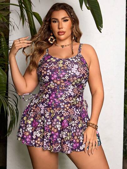 Swim Lushoire Plus Size Women Holiday Beach Colorful Floral Print Spaghetti Strap Bow Tie Tankini Swimsuit Dress Camisole Bikini Set