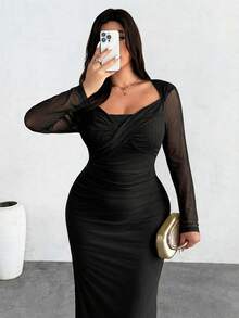 Firerie Plus Size Comfortable Casual Elegant Vacation Camisole Criss-Cross Neck Elastic Mesh Ruched Fitted Long Sleeve Dress, Suitable For Spring, Summer, Autumn & Winter - Black - View 6