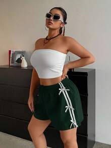 POPSWAY Plus Size Women Side Stripe Bow Decor Casual Shorts - Army Green - View 6