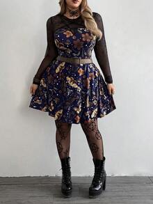 SHEIN CURVE+ 大码女装新款圆领复古休闲学院风暗黑朋克风印花拼接网纱星形缎带装饰A字长袖连衣裙，适合日常穿着、办公室、感恩节、新年派对、节日、生日派对、音乐节、情人节、春夏等场合。 - 藏蓝色 - 查看 4