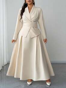 Elenzga 大码女士新款优雅春夏两件套,荷叶边系带长袖衬衫开衫,浪漫喇叭裙,商务休闲通勤装,精致优雅杏色正式套装,女士套装,商务女士优雅服装,女士连衣裙,正式服装,阿巴雅,大码女士办公室连衣裙,女士两件套套装,正式两件套,女士半身裙,正式套装,婚礼宾客菲律宾传统服饰 - 杏色 - 查看 5