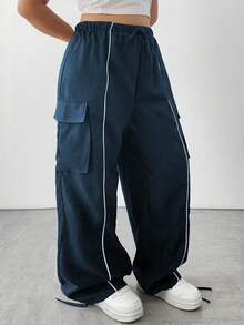 POPSWAY Pantalones cargo de talla grande con cintura elástica y cordón, con bolsillos y puños acanalados - Azul Marino - Ver 5