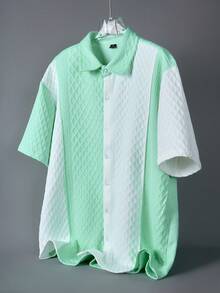 Manfinity Homme Men's Contrast Texture Single-Breasted Casual Short Sleeve Shirt - Mint Green - View 4