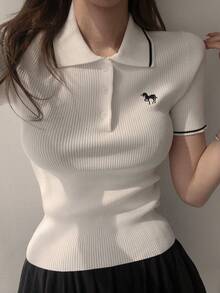 DAZY Women's Unicorn Embroidered Polo Collar Short Sleeve Casual Knit Top Summer - White - View 1