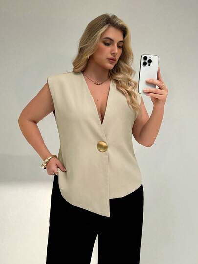 SHEIN Essnce Plus Size Solid Color Minimalist Sleeveless Blazer