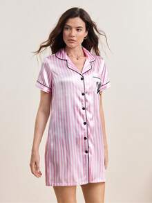 Hourtrue 女士条纹短袖睡衣连衣裙，带刺绣和口袋，奢华家居服，Moo Moo 睡裙 - 粉色 - 查看 5