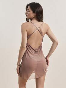 对比色蕾丝荷叶边袖蝴蝶结前网眼长袍和吊带裙睡衣套装/睡衣套装领结 - 棕色 - 查看 2