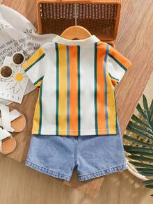 SHEIN Vintaside Kids 男婴夏季百搭休闲短袖简约上衣搭配时尚水洗牛仔短裤套装，适合日常穿着、家庭露营、外出就餐或购物。 - 彩色 - 查看 2