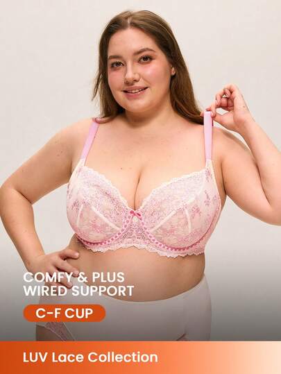 LUVLETTE Áo ngực không lót, thoáng khí, che phủ toàn diện, chất liệu ren thanh lịch và lưới với chi tiết khoét lỗ, màu hồng trong suốt, giúp thu nhỏ vòng ngực, thích hợp cho cô dâu.