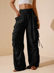 Vesra Women's Solid Color Side Ruched Drawstring Pocket Pants Vacation Black Summer Boho Casual - Black - View 6