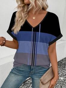 EMERY ROSE 女士宽松V领短袖T恤，休闲拼接印花，适合秋夏季穿着 - 彩色 - 查看 3