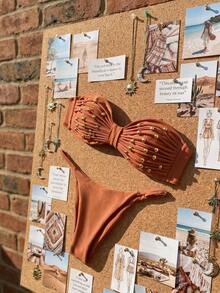 Swim Vcay Ensemble de maillot de bain 2 pièces avec Top bandeau à bretelles réglables et bas à taille coulissante avec perles - Lie de vin - Voir 2