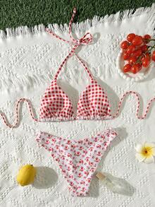Swim Mod Bộ bikini hai mảnh mùa hè mới về dành cho nữ, áo và quần bikini tam giác buộc dây cổ, họa tiết hoa và kẻ caro ngẫu nhiên, đồ bơi đi biển. - Nhiều màu - Xem 2