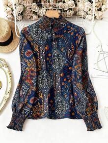 Áo cánh tay dài cổ đứng in họa tiết hoa hạt điều thường ngày cỡ lớn dành cho nữ - Màu xanh hải quân - Xem 2