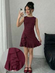 Tween Girl Elegant Round Neck Sleeveless Ruffle Hem Dress Elegant  Wedding Outfits Maroon Dress - Red - View 1