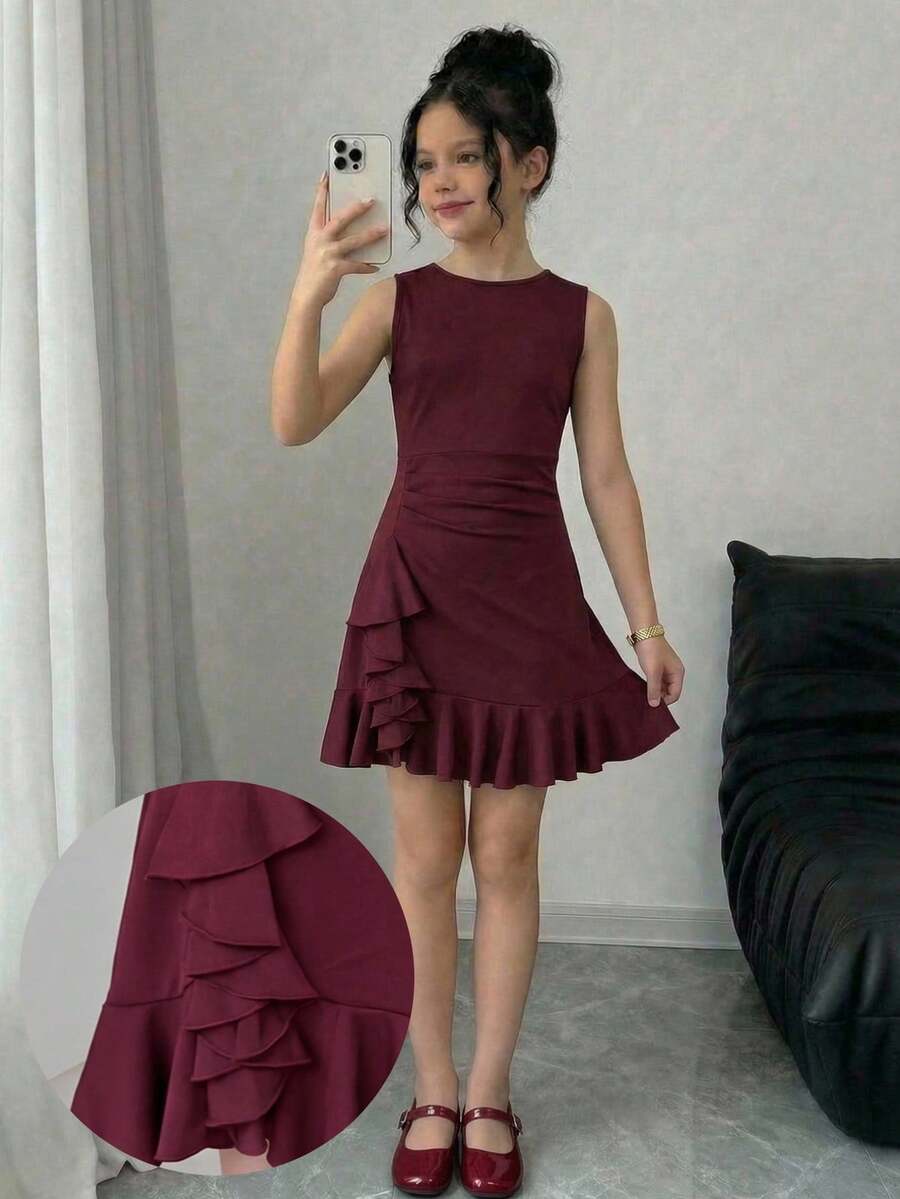 Tween Girl Elegant Round Neck Sleeveless Ruffle Hem Dress Elegant  Wedding Outfits Maroon Dress - Red - View 1
