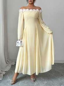 Feyla Große Größen Elegantes Kleid für Damen mit Blumenmuster, Off-shoulder und Glockenärmeln - Gänsegelb - Übersicht 9
