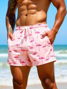 Manfinity KASUA Men's Flamingo All-Over Print Loose Drawstring Waist Summer Beach Shorts, Holiday - Coral Pink - View 3