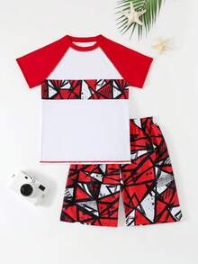 2pcs/Set Teen Boys' Swimwear,Sporty White Rash Guard & Red Geometric Print Swim Trunks,Raglan Sleeve Streetwear,Summer Beach Outfits For Pool Party - Burgundy - View 3