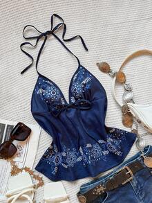 Sweetra Top sin espalda con cuello de halter estilo bohemio chic para mujer, diseño impreso distintivo, estilo de vacaciones de moda - Azul Marino - Ver 3