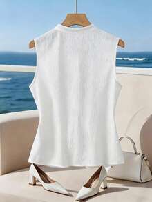 Franclia Women's Textured Fabric Pearl Button Collar Tie Ribbon Elegant Blouse - White - View 2