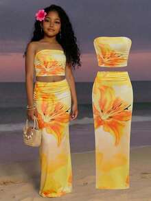 SHEIN 少女休闲日常方领短袖上衣和打底裤套装，水洗面料，方领修身吊带背心搭配半身裙 - 彩色 - 查看 1