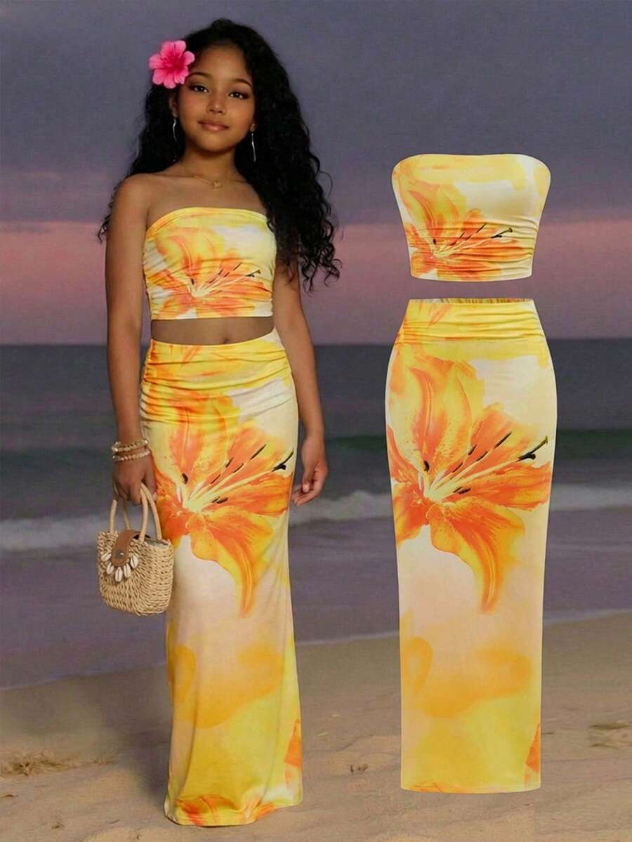 SHEIN 少女休闲日常方领短袖上衣和打底裤套装，水洗面料，方领修身吊带背心搭配半身裙 - 彩色 - 查看 1