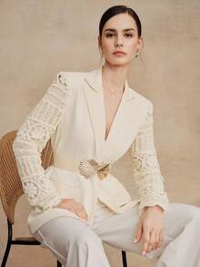 Anewsta Women's Fashion Single-Button Lapel NeckPatchwork Sleeve Blazer - Apricot - View 2