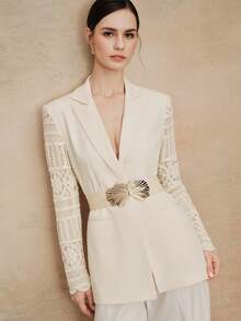 Anewsta Women's Fashion Single-Button Lapel NeckPatchwork Sleeve Blazer - Apricot - View 6