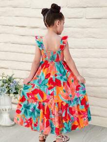 Young Girl Chiffon Ditsy Floral Spaghetti Strap Ruffle Hem Casual Dress - Multicolor - View 2