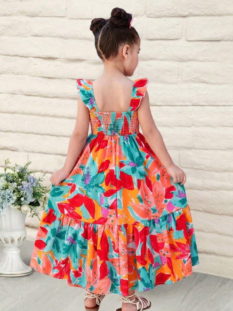 Young Girl Chiffon Ditsy Floral Spaghetti Strap Ruffle Hem Casual Dress - Multicolor - View 1