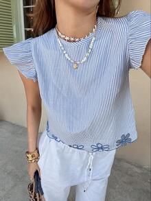 Serisse 女士度假休闲条纹镂空刺绣短袖衬衫 - 藍白色 - 查看 7