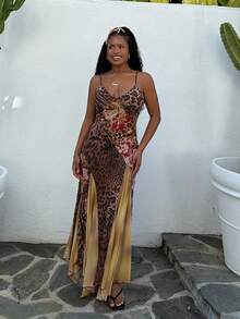 Tyla Gomez Neues lässiges Urlaubsoutfit, Hochzeitsgast-Garderobe für Strand-Hochzeiten, Abschlussfeier-Brunch Damenkleid, elegantes bohemian-tropisches asymmetrisches gestricktes Mesh-Kleid mit Braun-Rose-Leoparden-Muster, geeignet für St. Patrick's Day, Frühjahrsferien, Ostern, Musikfestivals - Braun - Übersicht 5