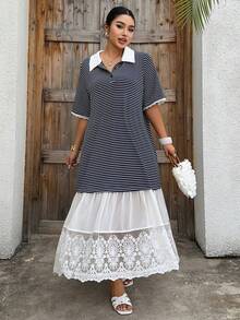 Dazy Plus 大码休闲条纹撞色蕾丝连衣裙夏季吊带裙 - 黑與白 - 查看 4