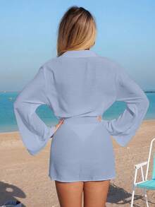 Swim Vcay 女士白色长袖衬衫领带休闲度假沙滩罩衫连衣裙 - 淺藍色 - 查看 2