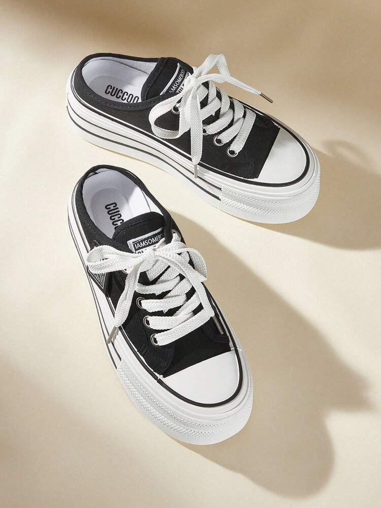 CUCCOO EASI Ladies Lace-Up Round Toe Thick-Soled Flat-Bottomed Casual Sneakers Slippers Comfortable And Simple Black And White Canvas Casual Sneakers Slippers Daily Outdoor Indoor Commuting Leisure
