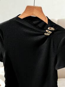 GlowEve 女士时尚纯色不对称肩部收腰短袖T恤 - 黑色 - 查看 7