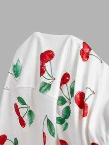 SHEIN MOD Bộ jumpsuit ngắn màu trắng ngà, cổ chữ V, eo nhún, họa tiết hoa anh đào, trang trí nơ phía trước, thích hợp cho kỳ nghỉ, mặc thường ngày, cỡ lớn. - Đỏ và trắng - Xem 8