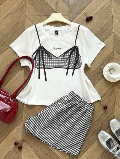 Sweetra Set de 2 piezas: Camiseta de cuello redondo con estampado de mariposa y talla grande + Pantalones cortos a cuadros con cintura elástica