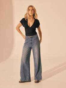 Aralina 女士针织V领短袖收腰T恤，侧边褶皱设计，可爱外出上衣，派对上衣，优雅职场穿搭，休闲日常上衣，棕色上衣 - 黑色 - 查看 7