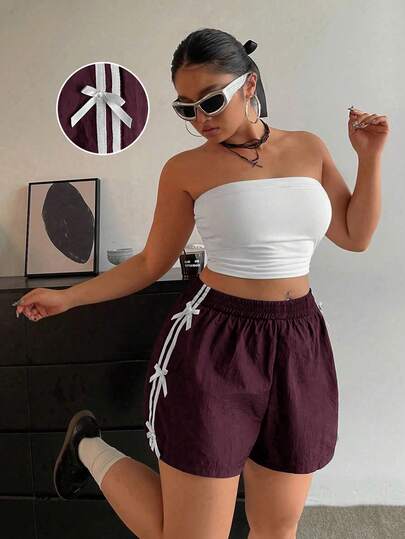 POPSWAY Plus Size Summer Casual Colorblock Striped Shorts With Bow Decor