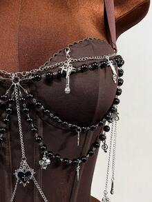 Mistrie Women's Spaghetti Strap Chain Decorated Bodysuit,Coffee Brown Goth Night Club Summer Outfits,Fitted Push Up Vintage Body Suit For Festival - Coffee Brown - View 6