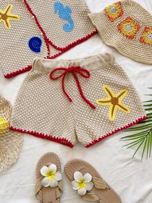 Pantalones cortos de punto con cordón en la cintura y estampado de estrella de mar, adecuados para vacaciones - Multicolor - Ver 2