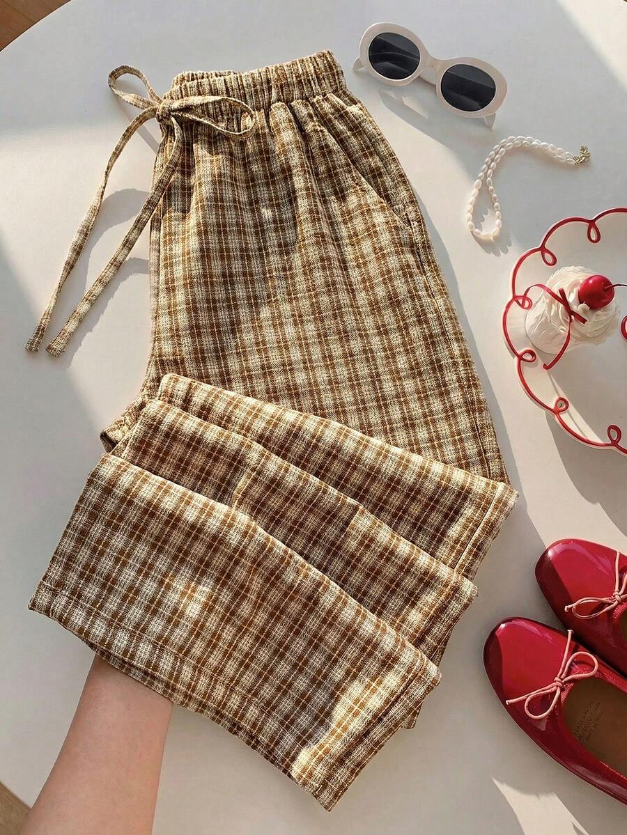 Comfortcana Quần nữ kẻ caro dáng casual, cạp chun, thích hợp mặc hàng ngày, mùa xuân/hè, ngày Valentine, trang phục lễ hội, kiểu quần đồng quê, quần kẻ caro xanh lá cây, quần kẻ caro mùa hè. - Nhiều màu - Xem 1