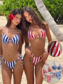 Swim Vcay Bộ áo liền quần 4 món gồm hai dây, chất liệu vải mềm, kẻ sọc, in họa tiết và thêu, có dây buộc. - Nhiều màu - Xem 3