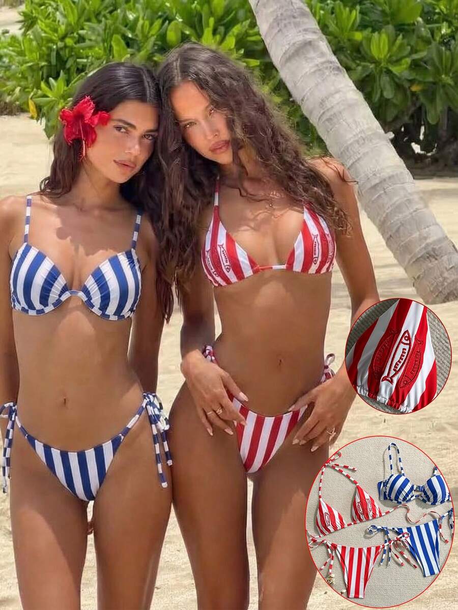 Swim Vcay 4pcs Spaghetti Strap Striped Soft Fabric Printed Lace-Up Embroidered Jumpsuit Set - Multicolor - View 1