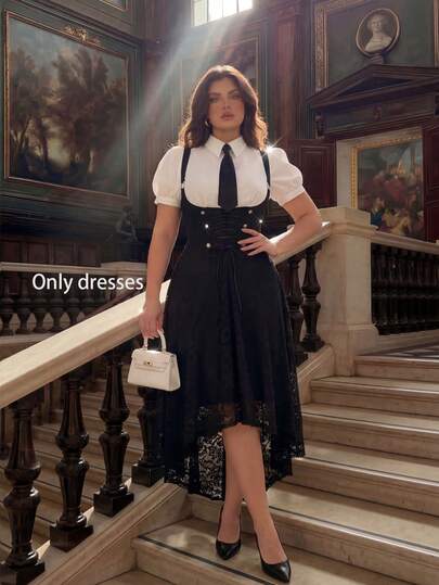 SHEIN MOD Plus Size Black Retro Palace Style Women PU Leather Slip Dress,.Spring/Summer Dresses, Vacation Dresses Garden Dress Flower Dress Woman Floral Wedding Dress, Vintage Black Floral Jacquard Tube Dress, Retro Palace Style Jacquard Dress For Spring/Summer Party And Gathering