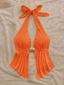 Soleia 性感V领金属装饰露背荷叶边红色纹理面料女士背心，适合海滩度假、约会、下午茶、假期、音乐节、波西米亚风等场合。 - 橘色 - 查看 4